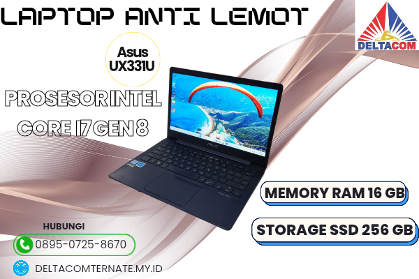 ASUS UX331U , TYPE BARU BODY SLIM, PROSESOR INTEL CORE I7 GEN 8 MEMORY RAM 16 GB STORAGE SSD 256 GB DISPLAY 13 INCH MULUS , WARNAH HITAM, LECET SDIKI